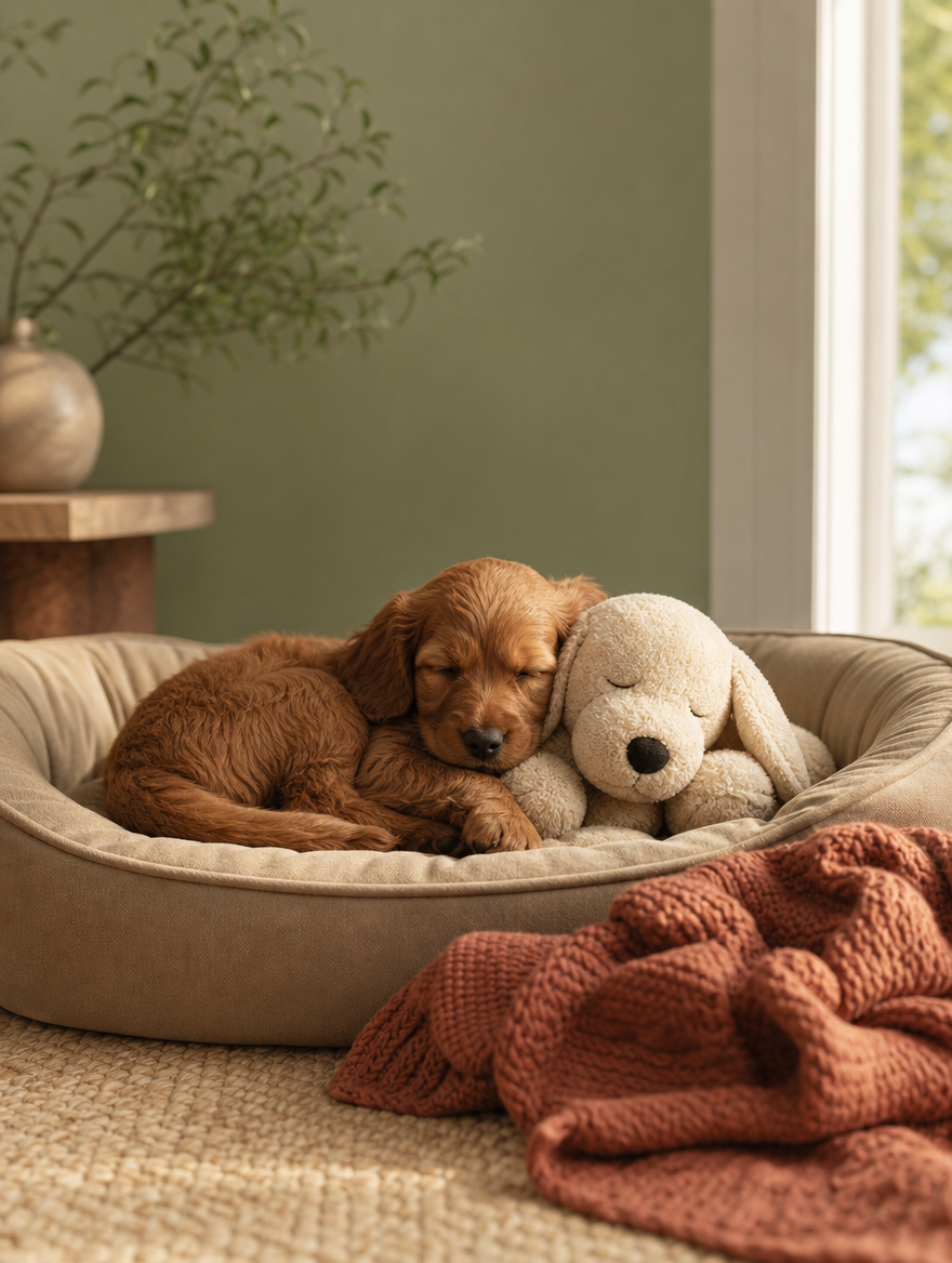 Puppy asleep curled against the Solace Heartbeat Comfort Pup