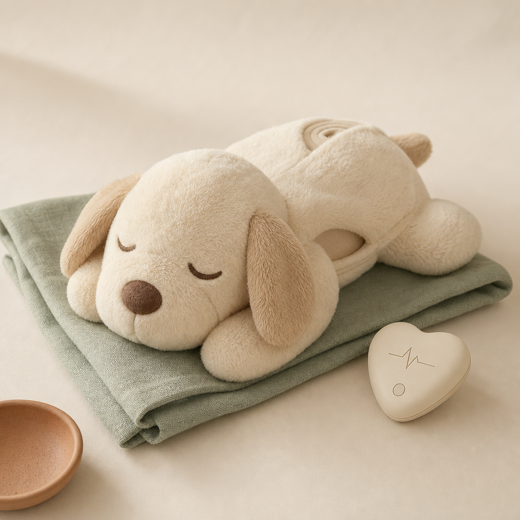 Solace Heartbeat Comfort Pup — plush companion toy with removable heart pulse module